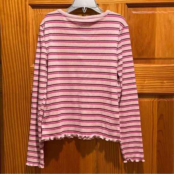 Old Navy Girls Large 10-12 Pink Long Sleeve Two Button V Neck Striped Shirt - Picture 2 of 6